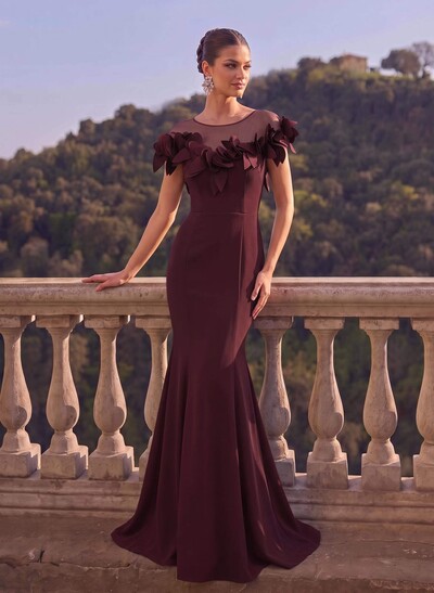 Trumpet/Mermaid Illusion Neckline Short Sleeve Stretch Satin Evening Dresses