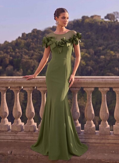 Trumpet/Mermaid Illusion Neckline Short Sleeve Stretch Satin Evening Dresses
