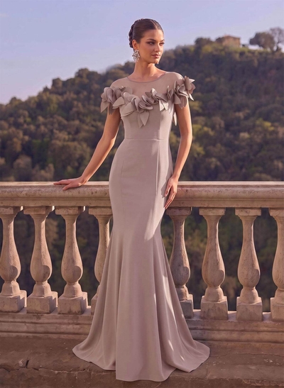 Trumpet/Mermaid Illusion Neckline Short Sleeve Stretch Satin Evening Dresses