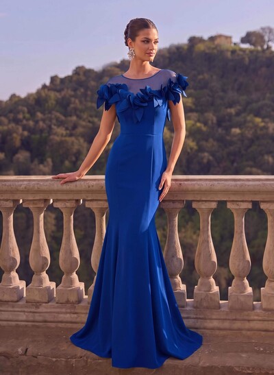Trumpet/Mermaid Illusion Neckline Short Sleeve Stretch Satin Evening Dresses