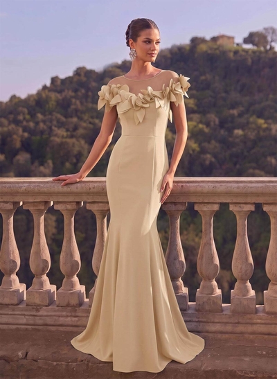 Trumpet/Mermaid Illusion Neckline Short Sleeve Stretch Satin Evening Dresses