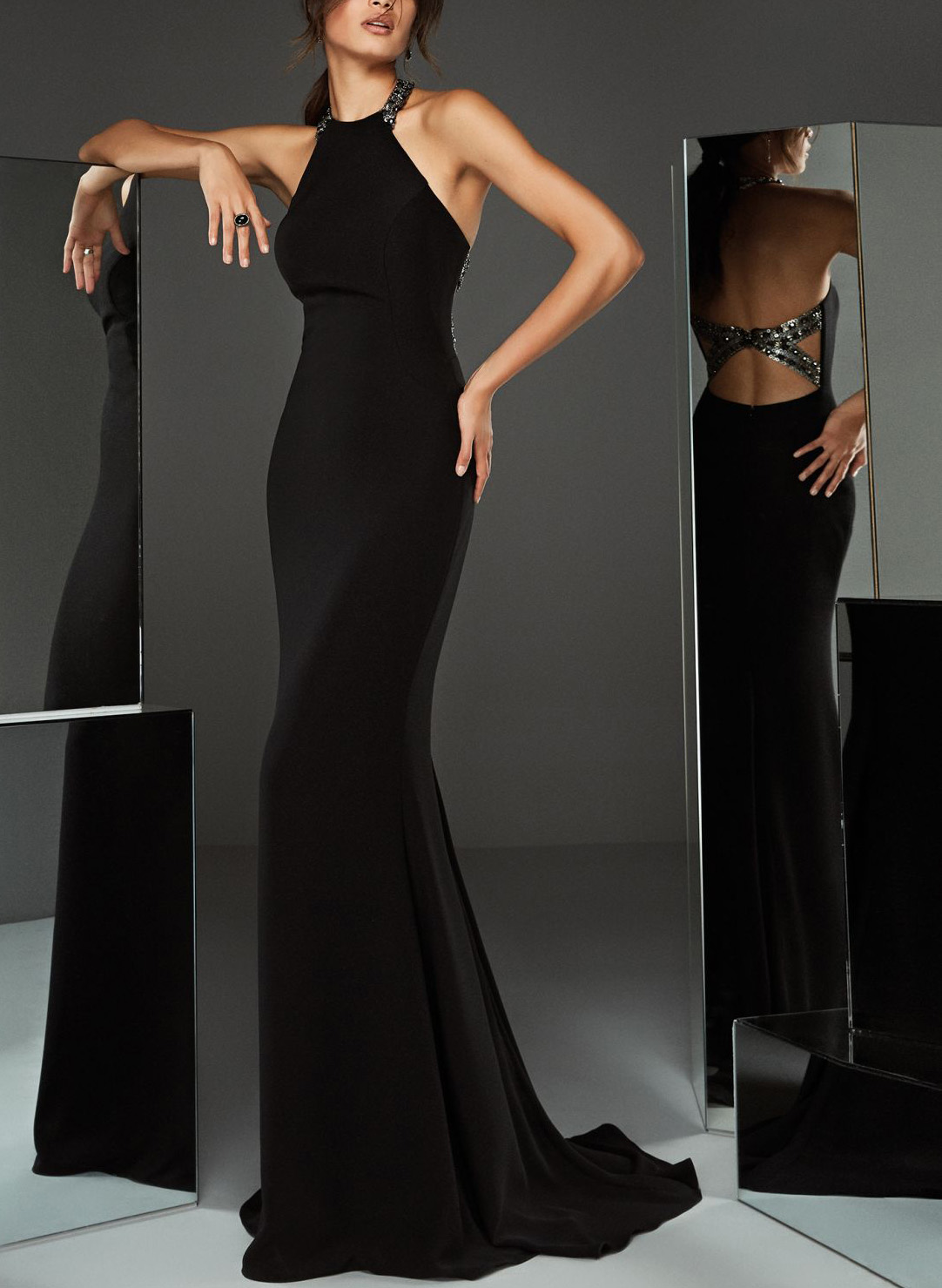 Open Back Floral Straps Mermaid Black Backless Formal Evening Dresses main image 1