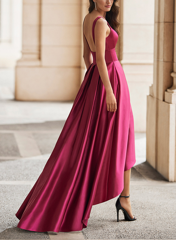 A-Line V-Neck Sleeveless Asymmetrical Satin Evening Dresses