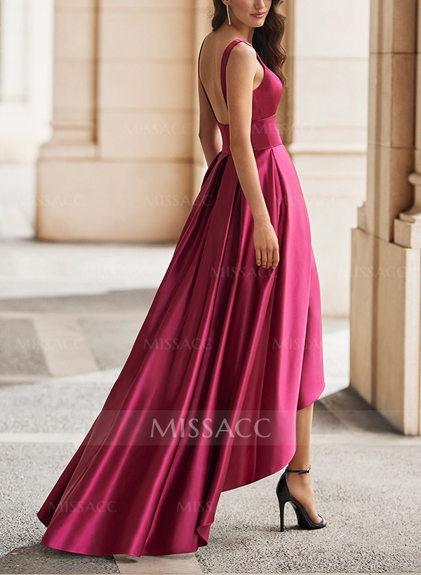 A-Line V-Neck Sleeveless Asymmetrical Satin Evening Dresses