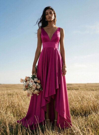 A-Line V-Neck Sleeveless Asymmetrical Satin Evening Dresses