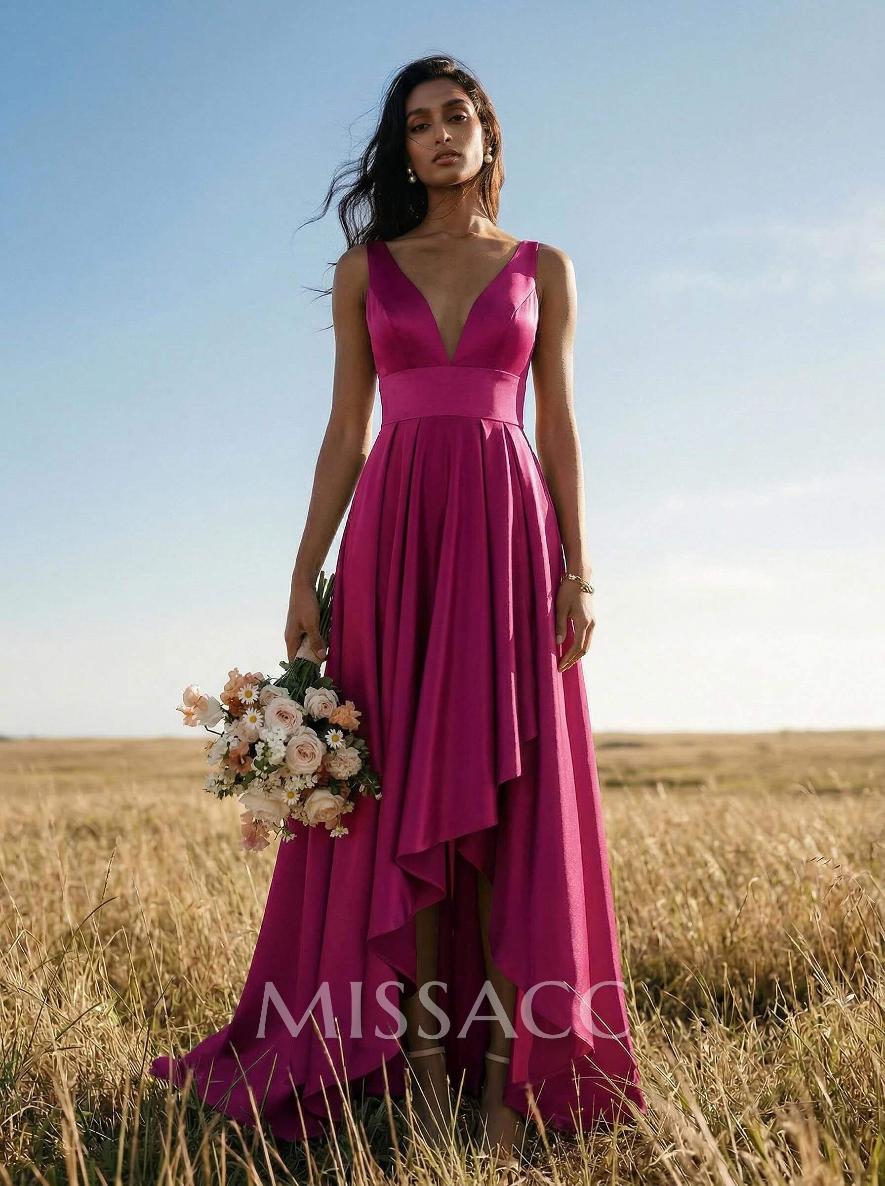 A-Line V-Neck Sleeveless Asymmetrical Satin Evening Dresses A-Line V-Neck Sleeveless Asymmetrical Satin Evening Dresses