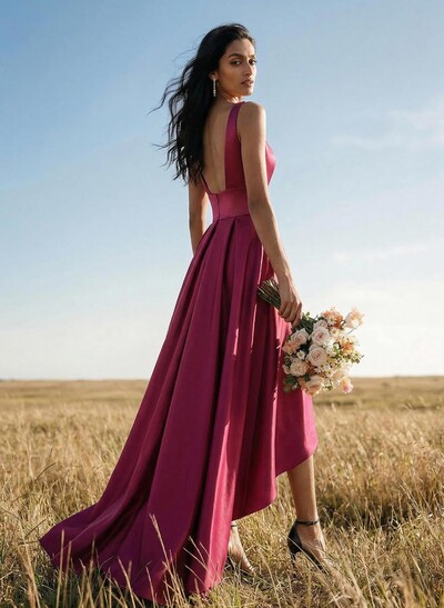 A-Line V-Neck Sleeveless Asymmetrical Satin Evening Dresses