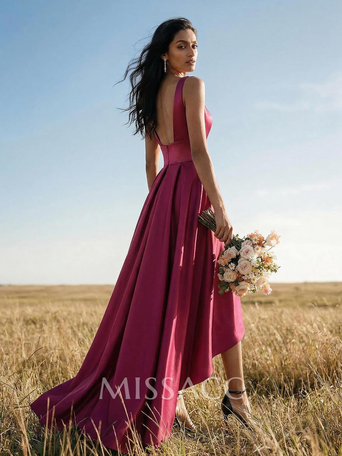 A-Line V-Neck Sleeveless Asymmetrical Satin Evening Dresses A-Line V-Neck Sleeveless Asymmetrical Satin Evening Dresses