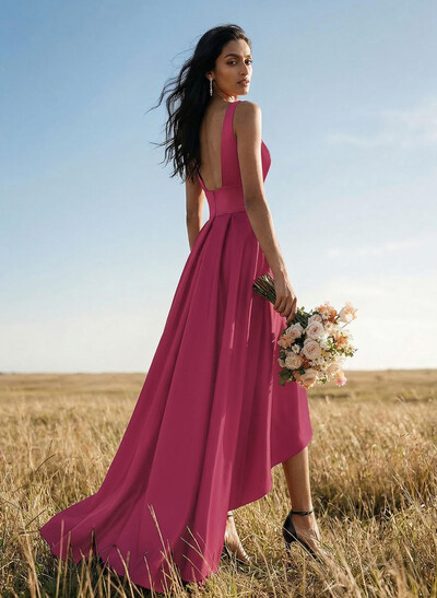 A-Line V-Neck Sleeveless Asymmetrical Satin Evening Dresses