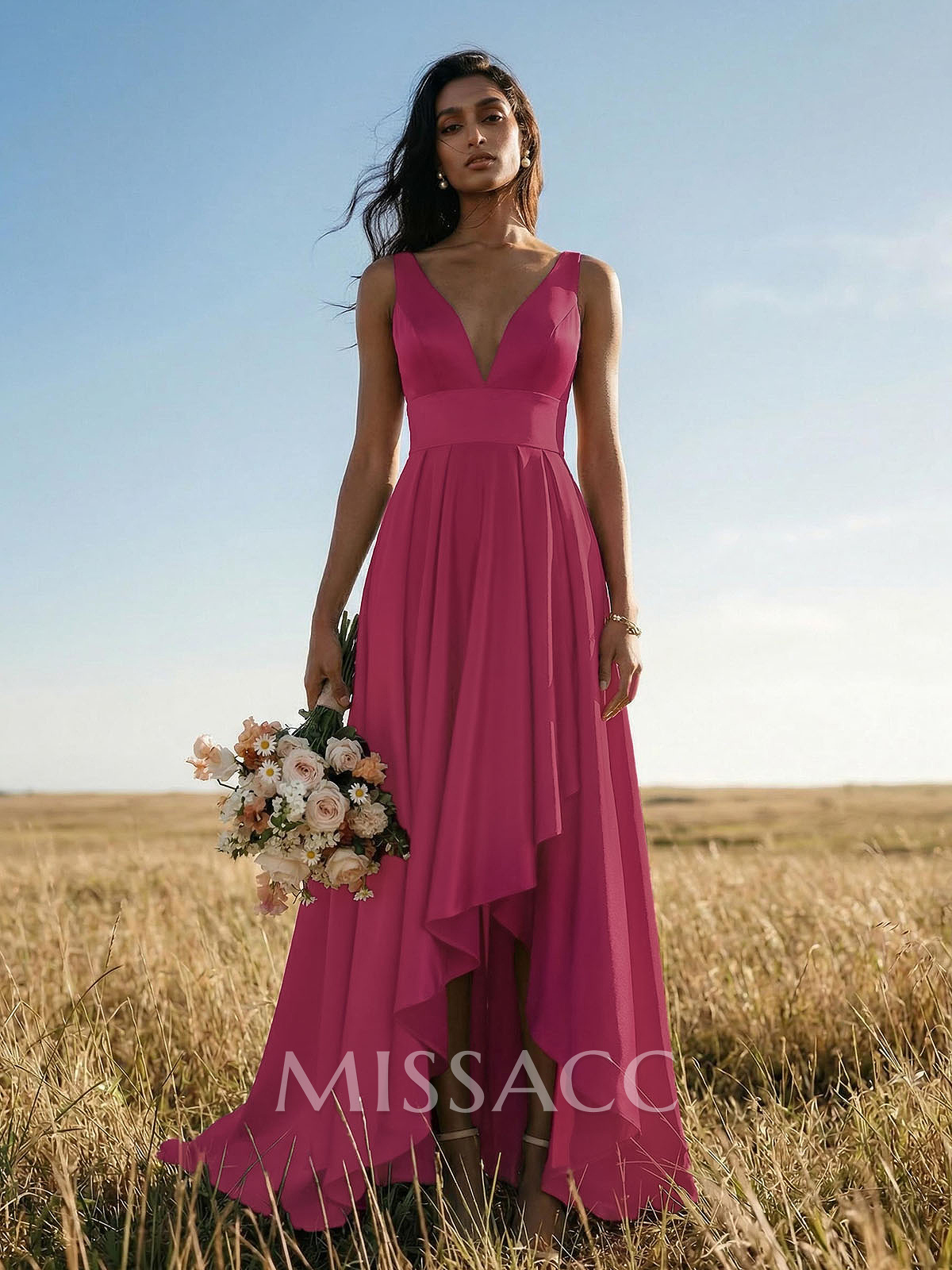 A-Line V-Neck Sleeveless Asymmetrical Satin Evening Dresses A-Line V-Neck Sleeveless Asymmetrical Satin Evening Dresses