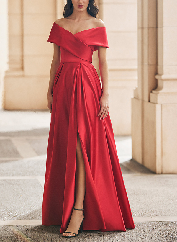 A-Line Off-The-Shoulder Sleeveless Satin Evening Dresses With Split Front