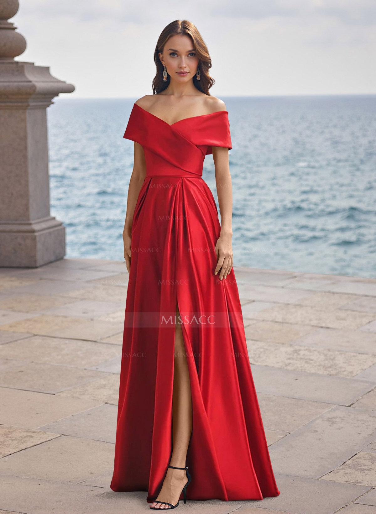 A-Line Off-The-Shoulder Sleeveless Satin Evening Dresses With Split Front