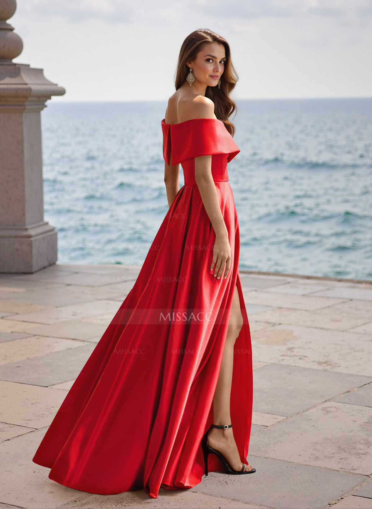 A-Line Off-The-Shoulder Sleeveless Satin Evening Dresses With Split Front