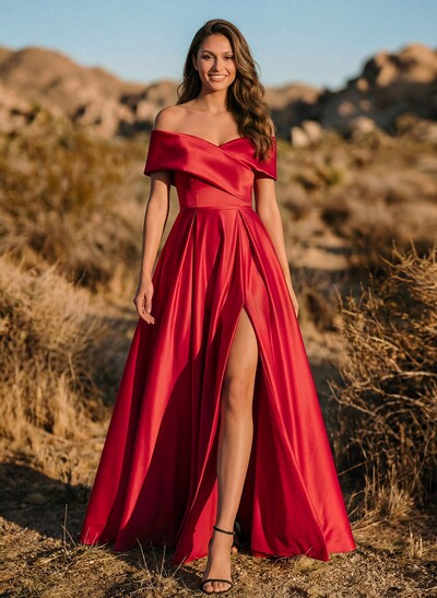 A-Line Off-The-Shoulder Sleeveless Satin Evening Dresses With Split Front