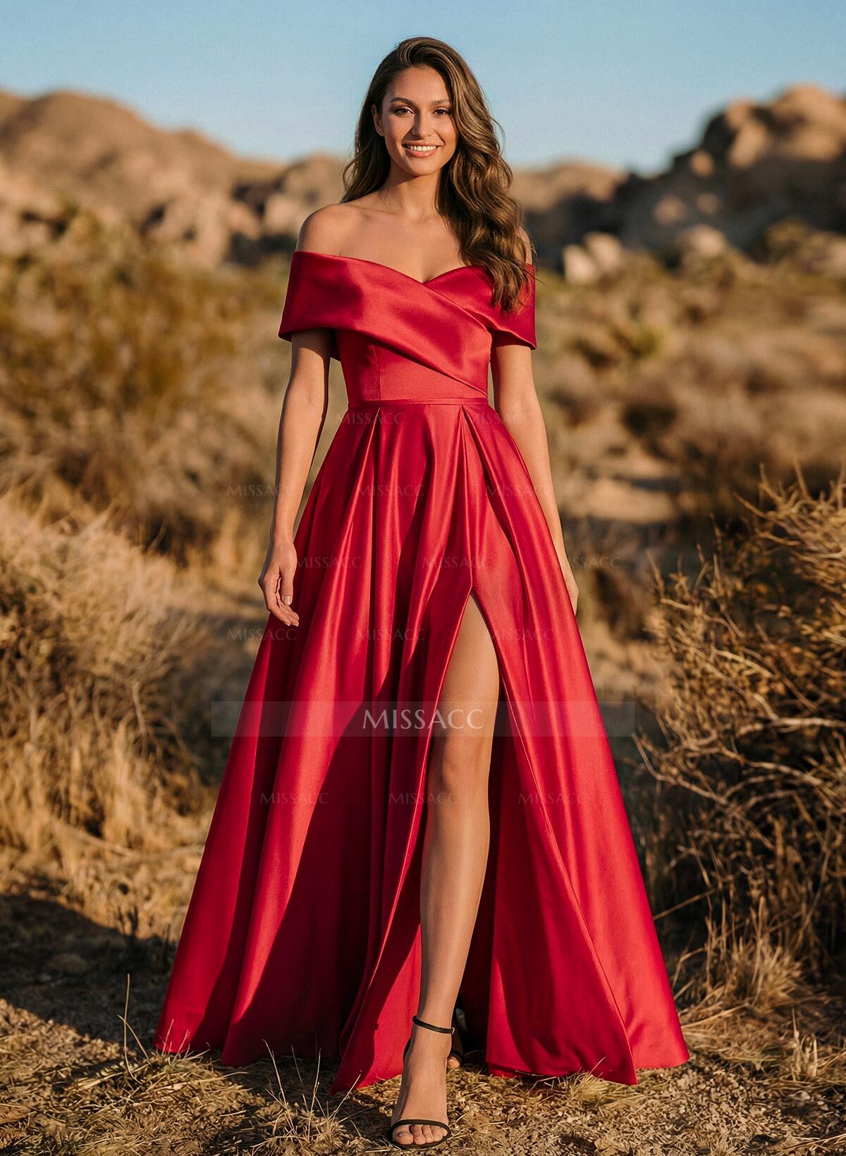 A-Line Off-The-Shoulder Sleeveless Satin Evening Dresses With Split Front