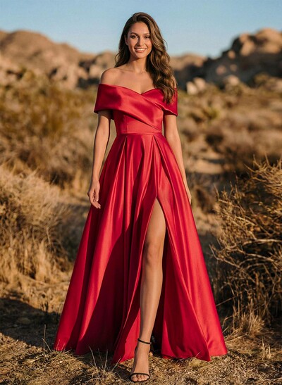 A-Line Off-The-Shoulder Sleeveless Satin Evening Dresses With Split Front