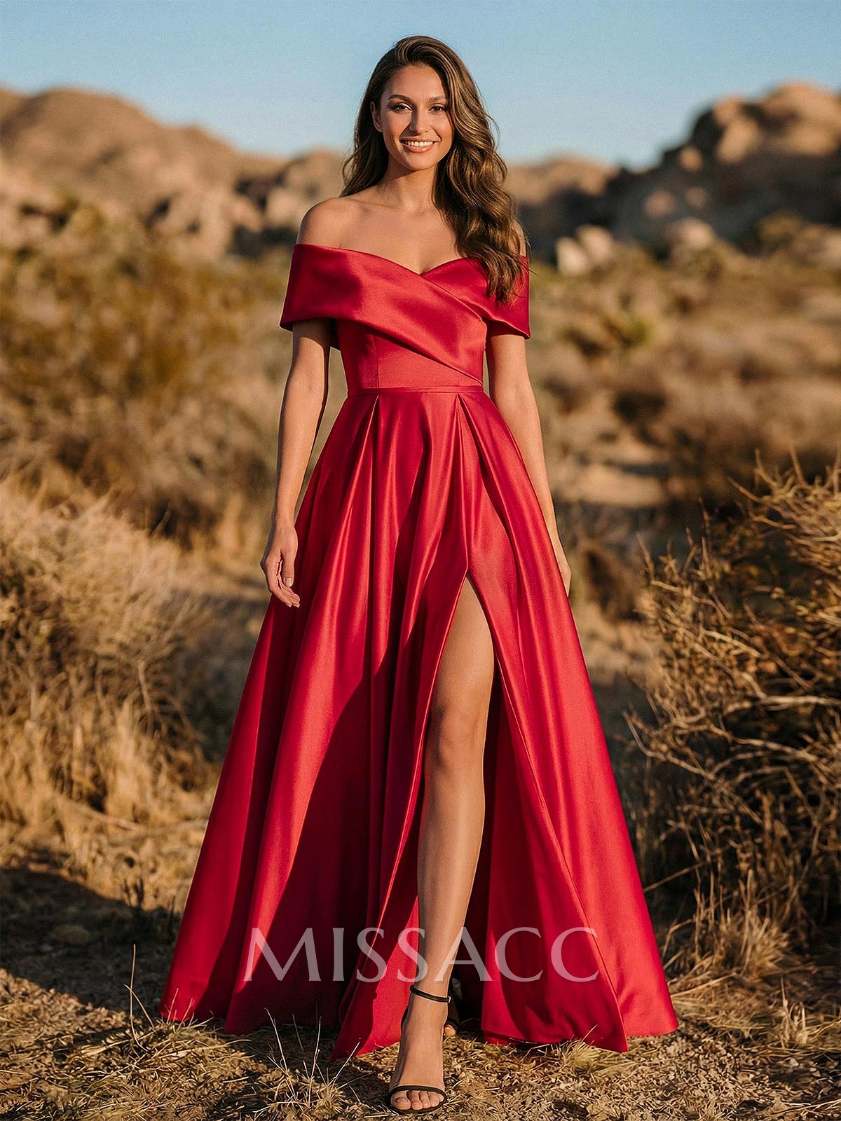 A-Line Off-The-Shoulder Sleeveless Satin Evening Dresses With Split Front