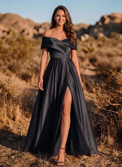 A-Line Off-The-Shoulder Sleeveless Satin Evening Dresses With Split Front