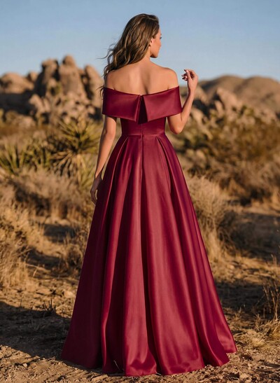 A-Line Off-The-Shoulder Sleeveless Satin Evening Dresses With Split Front