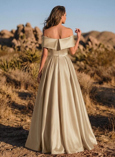 A-Line Off-The-Shoulder Sleeveless Satin Evening Dresses With Split Front
