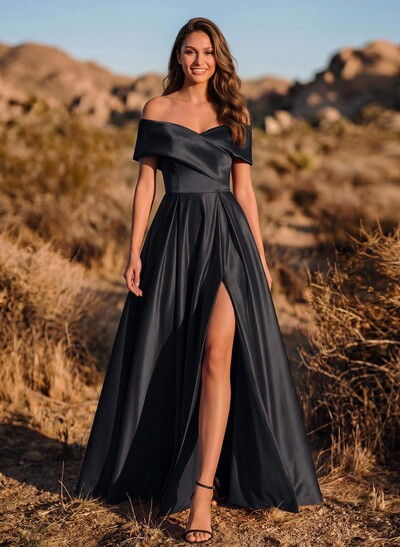 A-Line Off-The-Shoulder Sleeveless Satin Evening Dresses With Split Front