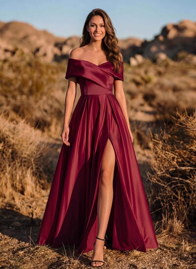 A-Line Off-The-Shoulder Sleeveless Satin Evening Dresses With Split Front