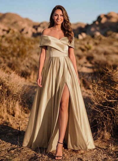 A-Line Off-The-Shoulder Sleeveless Satin Evening Dresses With Split Front