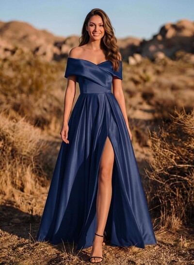 A-Line Off-The-Shoulder Sleeveless Satin Evening Dresses With Split Front