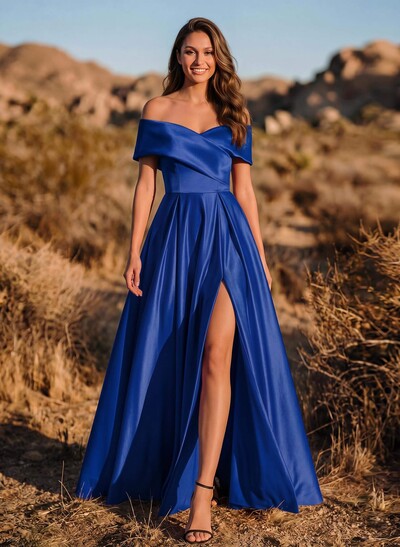 A-Line Off-The-Shoulder Sleeveless Satin Evening Dresses With Split Front