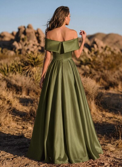 A-Line Off-The-Shoulder Sleeveless Satin Evening Dresses With Split Front