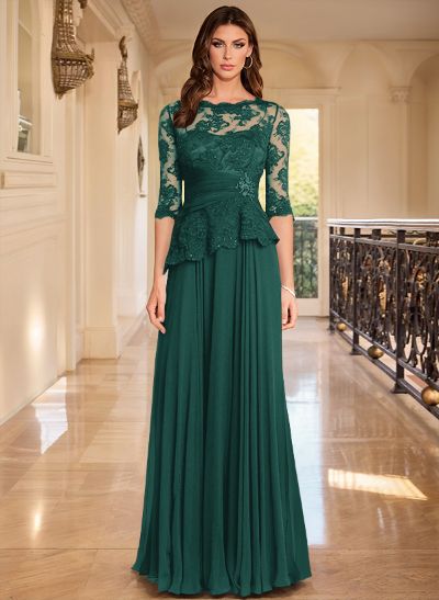 A-Line Scoop Neck 3/4 Sleeves Floor-Length Chiffon/Lace Evening Dresses