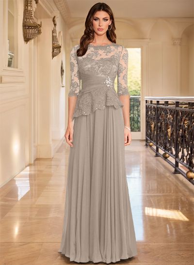A-Line Scoop Neck 3/4 Sleeves Floor-Length Chiffon/Lace Evening Dresses