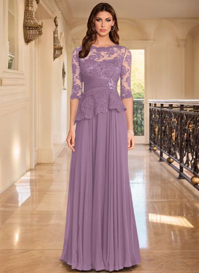 A-Line Scoop Neck 3/4 Sleeves Floor-Length Chiffon/Lace Evening Dresses