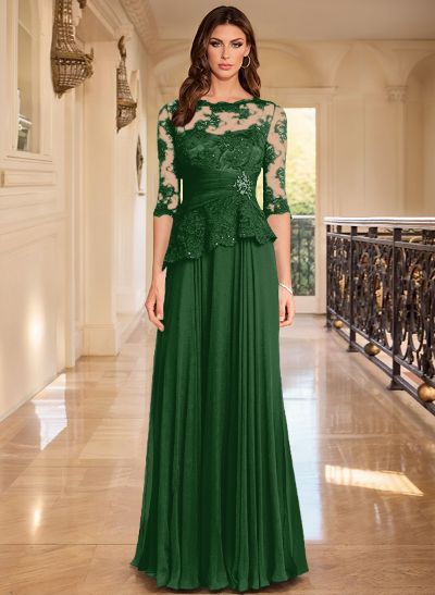 A-Line Scoop Neck 3/4 Sleeves Floor-Length Chiffon/Lace Evening Dresses