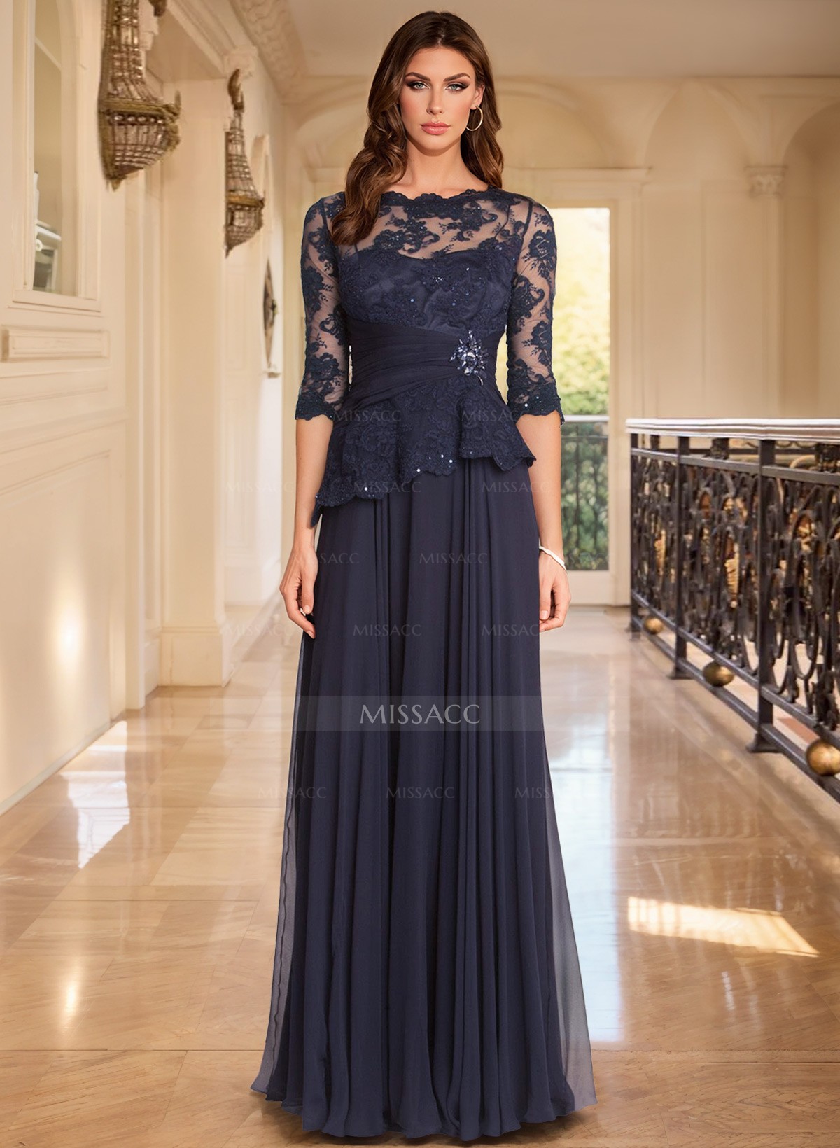 A-Line Scoop Neck 3/4 Sleeves Floor-Length Chiffon/Lace Evening Dresses