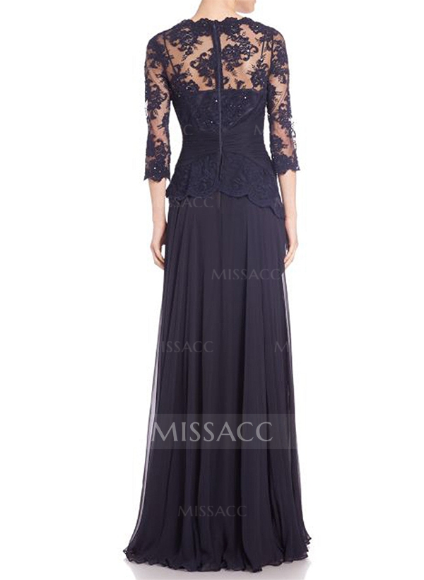 A-Line Scoop Neck 3/4 Sleeves Floor-Length Chiffon/Lace Evening Dresses