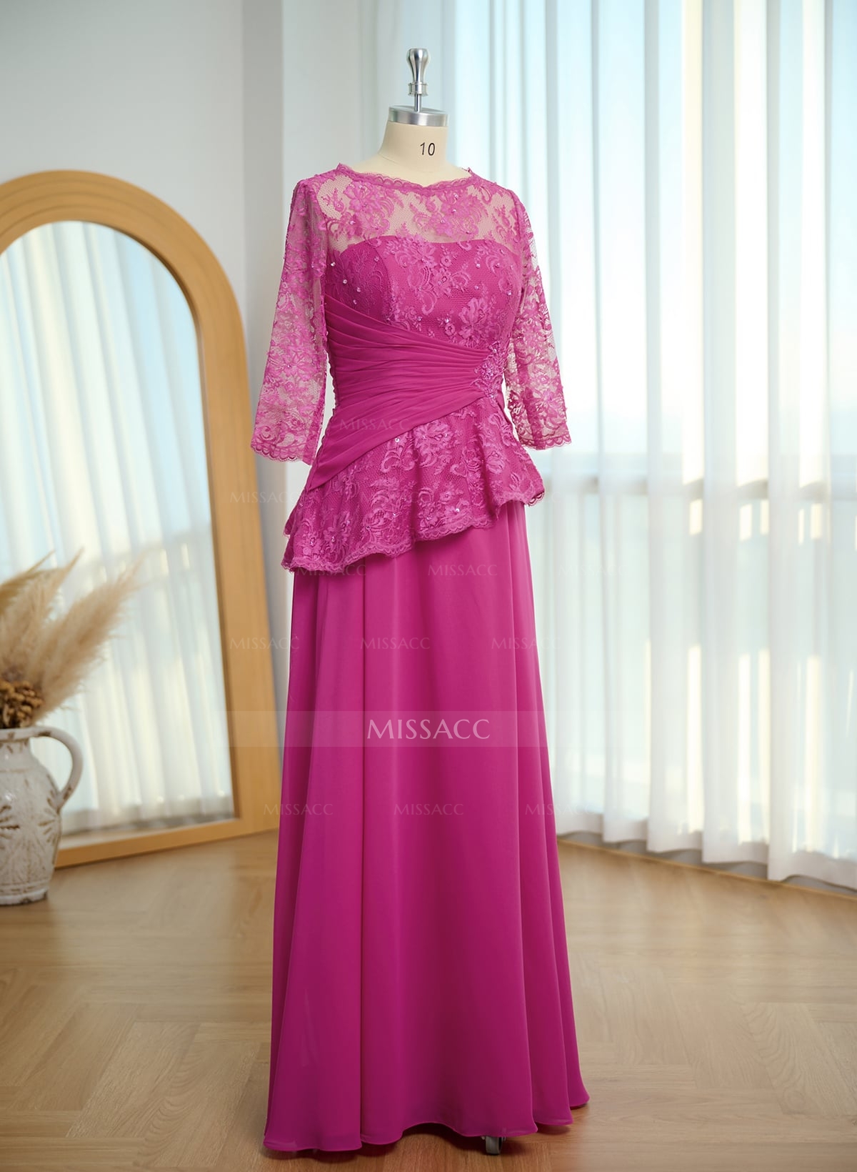 A-Line Scoop Neck 3/4 Sleeves Floor-Length Chiffon/Lace Evening Dresses