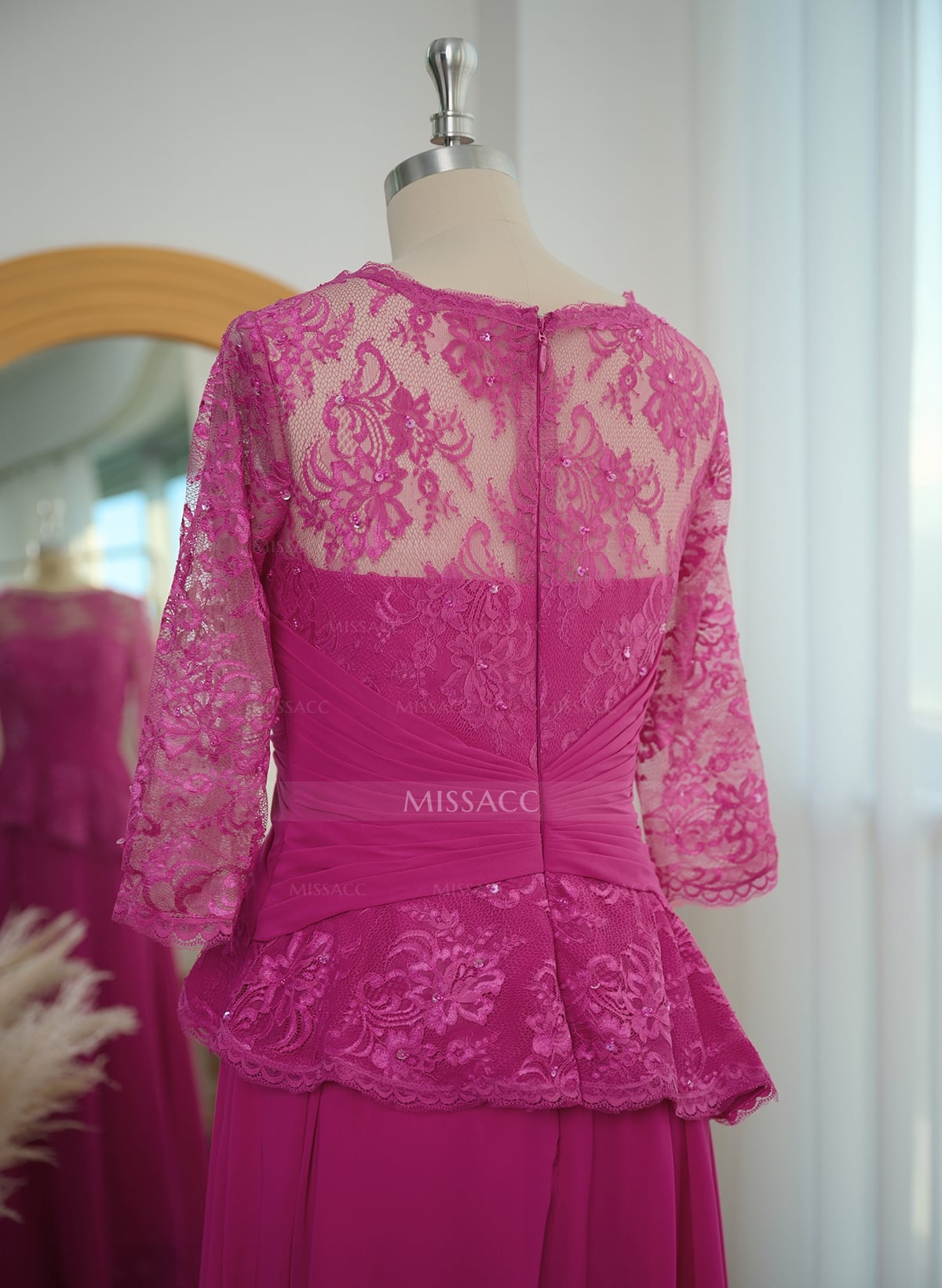 A-Line Scoop Neck 3/4 Sleeves Floor-Length Chiffon/Lace Evening Dresses