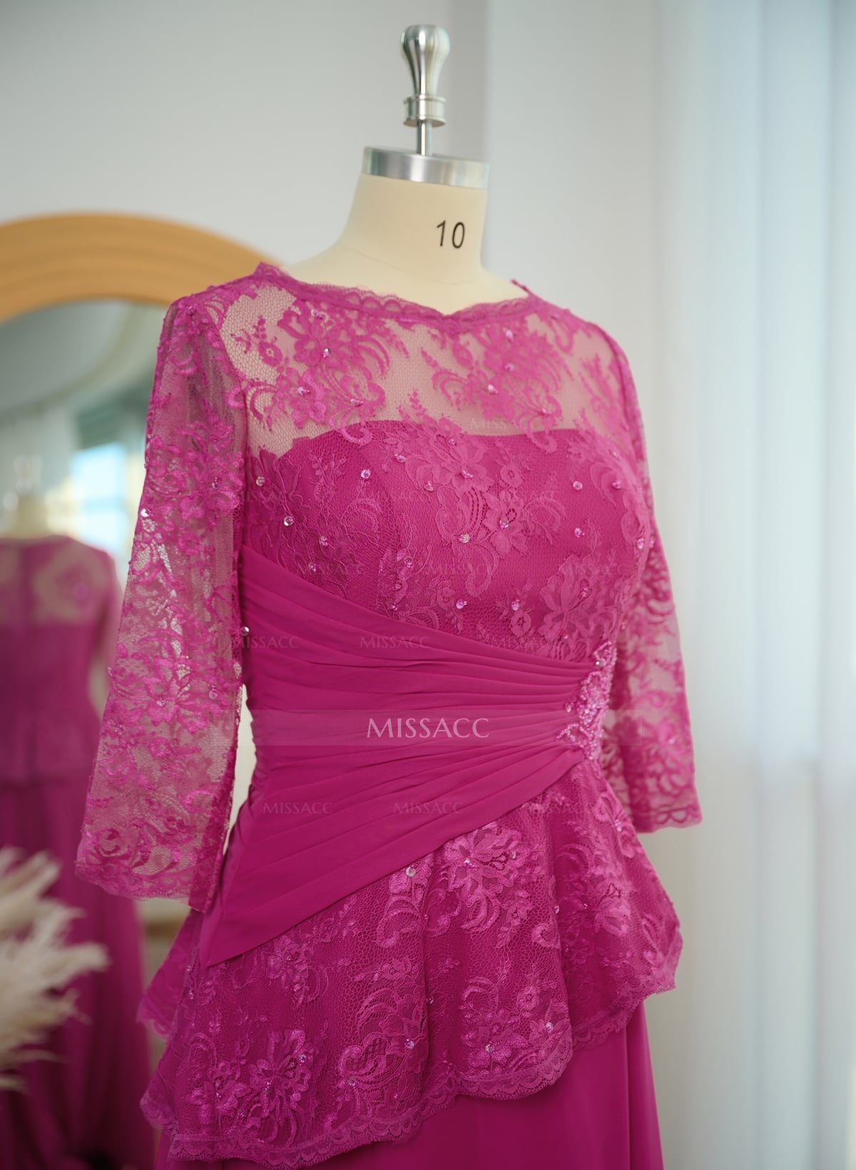 A-Line Scoop Neck 3/4 Sleeves Floor-Length Chiffon/Lace Evening Dresses