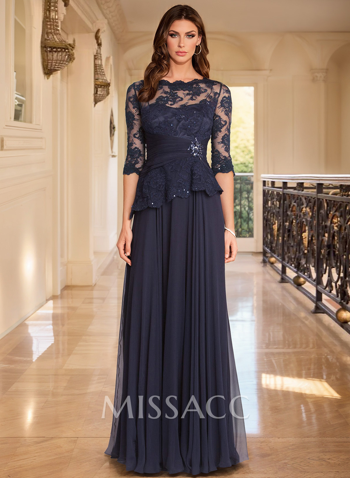 A-Line Scoop Neck 3/4 Sleeves Floor-Length Chiffon/Lace Evening Dresses