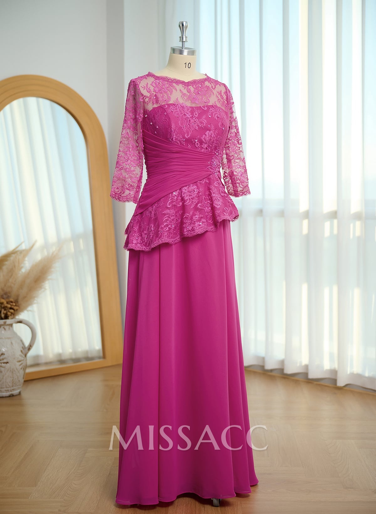 A-Line Scoop Neck 3/4 Sleeves Floor-Length Chiffon/Lace Evening Dresses
