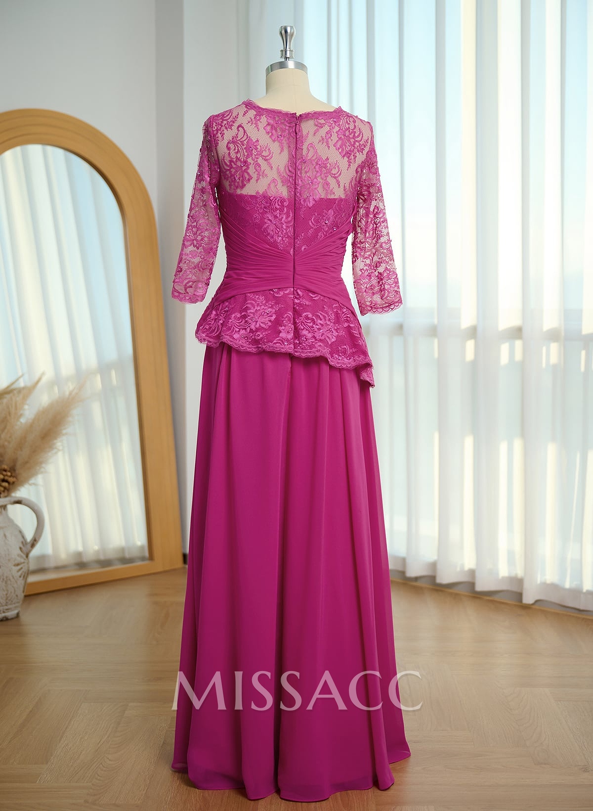 A-Line Scoop Neck 3/4 Sleeves Floor-Length Chiffon/Lace Evening Dresses