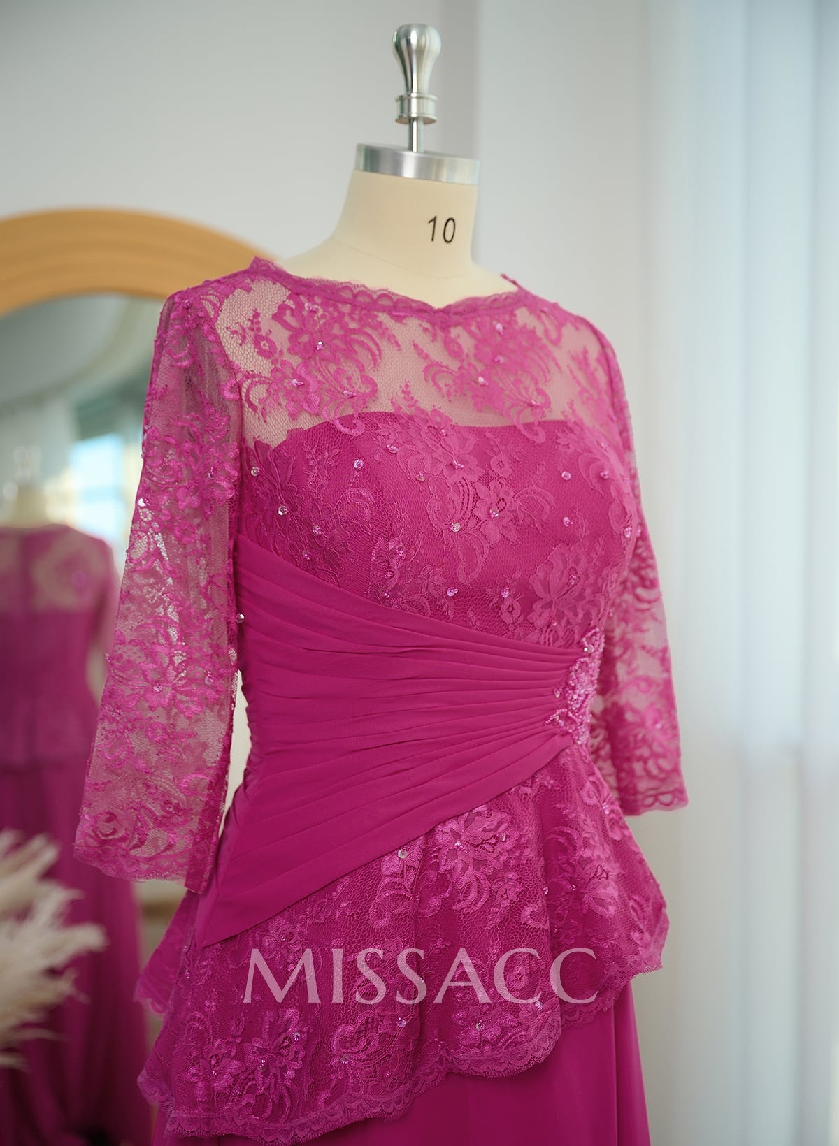 A-Line Scoop Neck 3/4 Sleeves Floor-Length Chiffon/Lace Evening Dresses