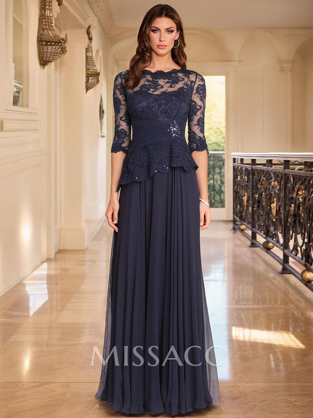 A-Line Scoop Neck 3/4 Sleeves Floor-Length Chiffon/Lace Evening Dresses A-Line Scoop Neck 3/4 Sleeves Floor-Length Chiffon/Lace Evening Dresses