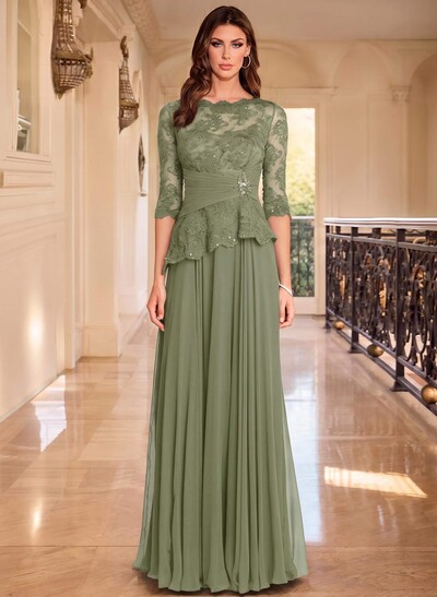 A-Line Scoop Neck 3/4 Sleeves Floor-Length Chiffon/Lace Evening Dresses