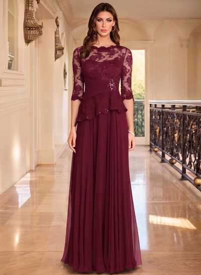 A-Line Scoop Neck 3/4 Sleeves Floor-Length Chiffon/Lace Evening Dresses
