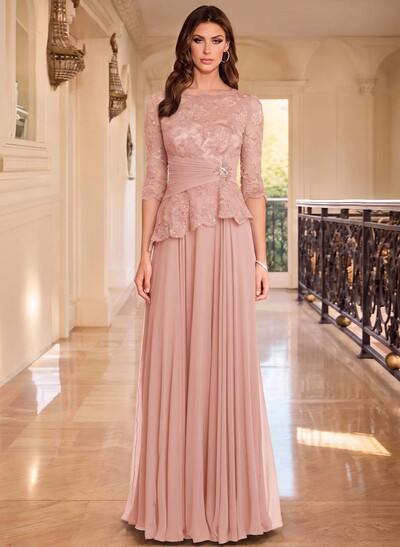 A-Line Scoop Neck 3/4 Sleeves Floor-Length Chiffon/Lace Evening Dresses