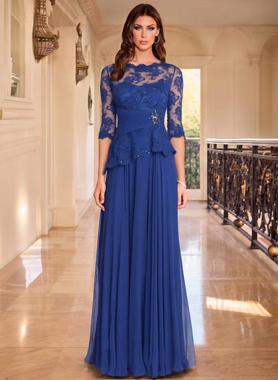 A-Line Scoop Neck 3/4 Sleeves Floor-Length Chiffon/Lace Evening Dresses