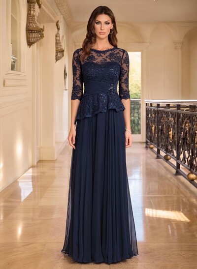 A-Line Scoop Neck 3/4 Sleeves Floor-Length Chiffon/Lace Evening Dresses