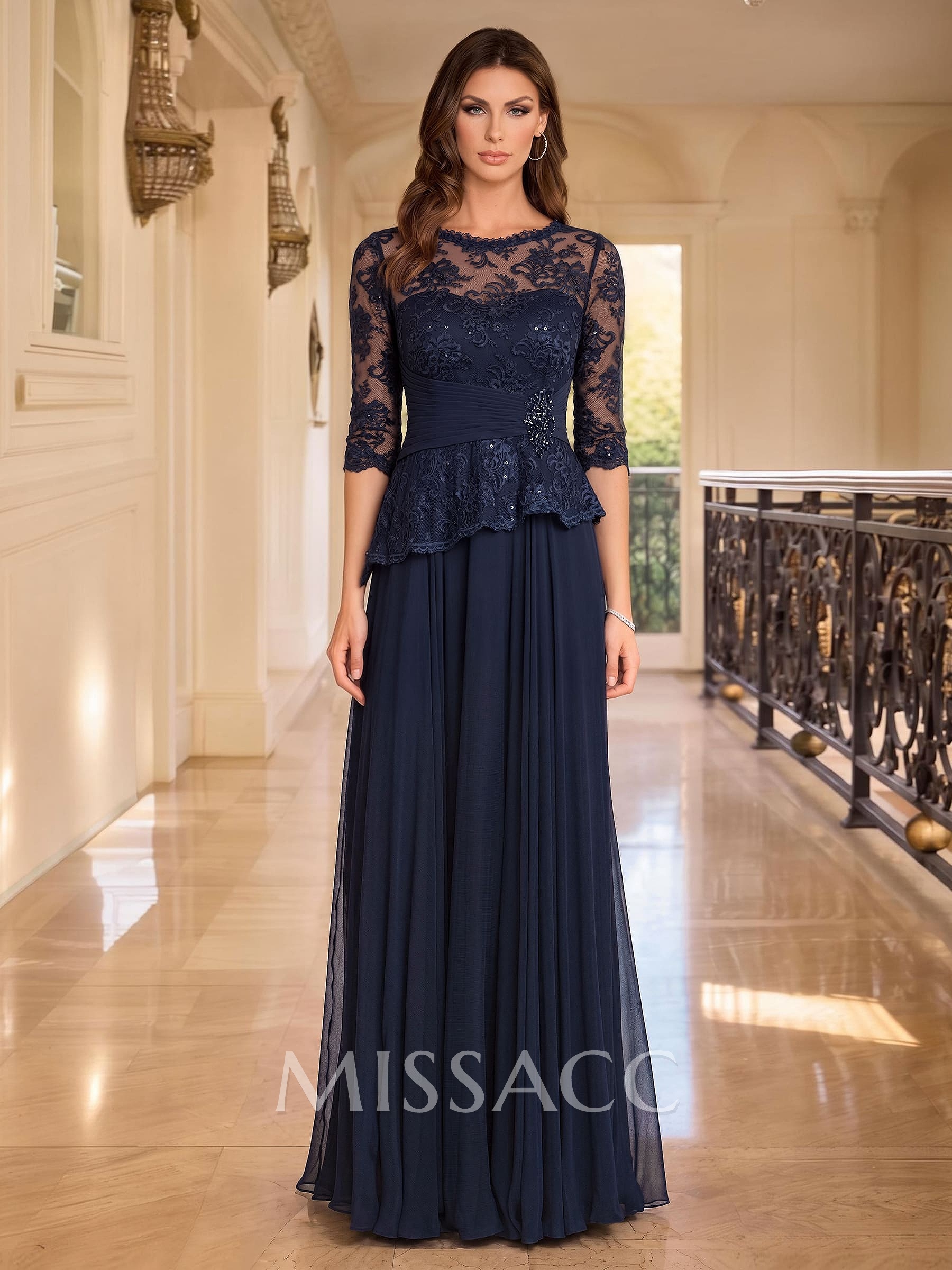 A-Line Scoop Neck 3/4 Sleeves Floor-Length Chiffon/Lace Evening Dresses